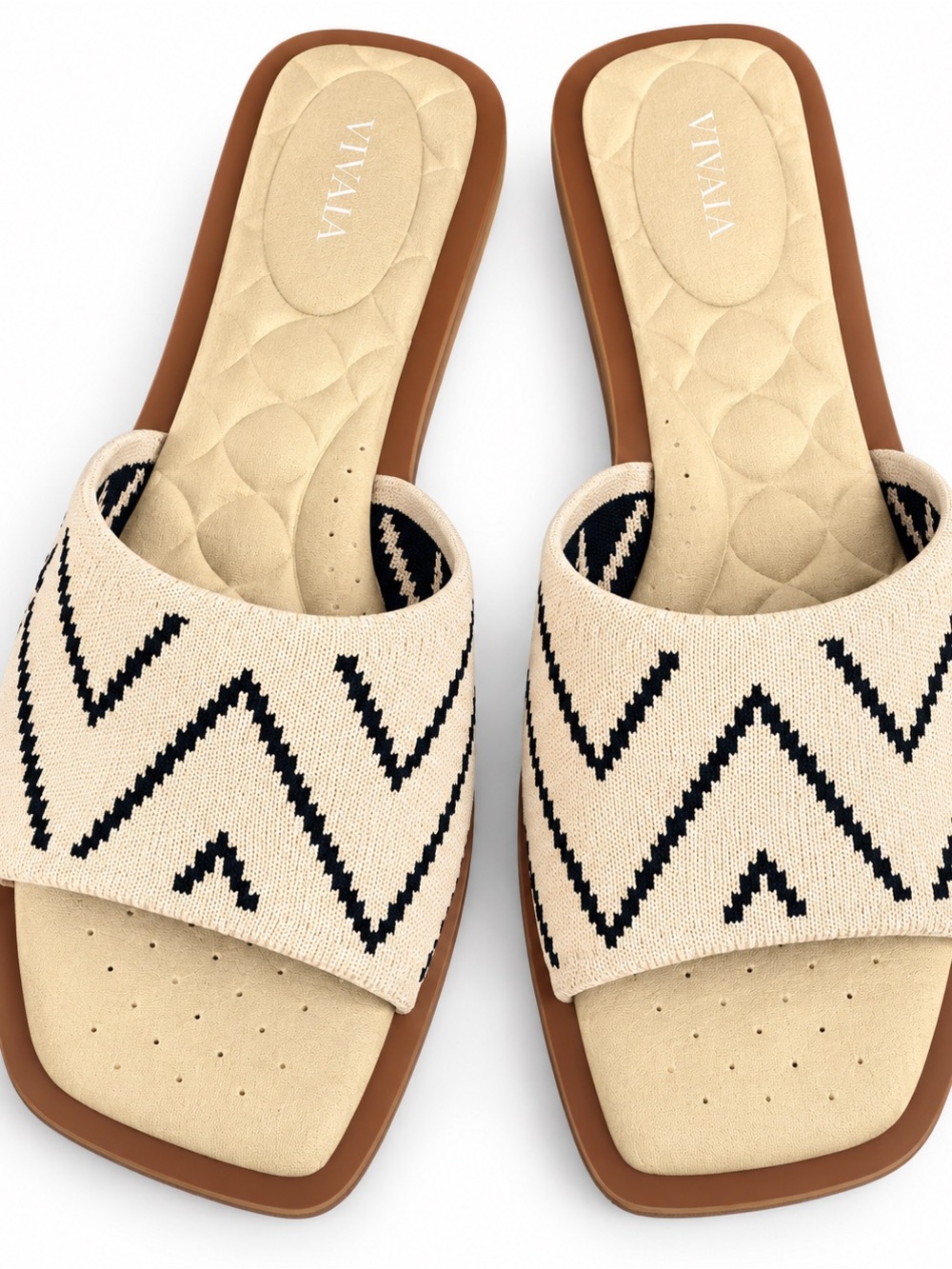 Woven Chevron Slide Sandals in Beige and Black